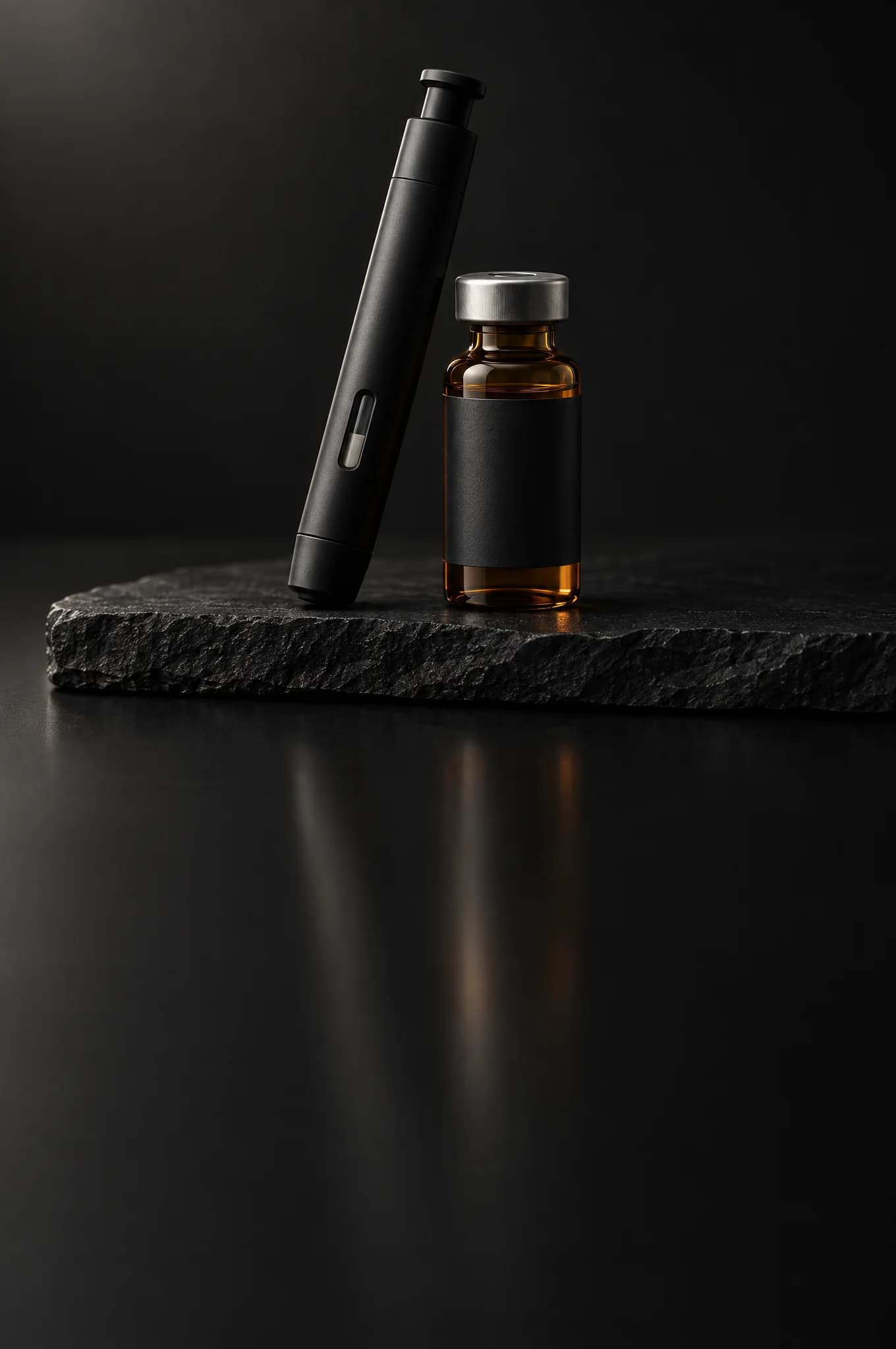 A matte black auto-injector pen and an amber vial on slate